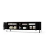 A black metal TV stand with open shelves and two cabinet doors, displayed against a white background. Produktbild-Vorschau