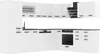 A white L-shaped kitchen unit with black handles and a black range hood. Produktbild-Vorschau