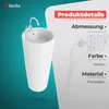 A white freestanding sink with a faucet is shown against a teal and white background, with product details and dimensions displayed on the right side. Produktbild-Vorschau