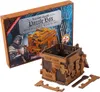 A wooden puzzle box and its packaging are displayed on a white background. Produktbild-Vorschau
