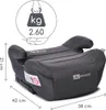 A dark gray car seat booster with dimensions and weight indicated by graphics. Náhľad obrázku produktu