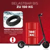 Marketing image showing a scooter with barrels indicating weight capacity and a tire being prepared for mounting. Produktbild-Vorschau