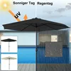 A split image showing a black umbrella over a pool on the left, and rain falling on a patio on the right. Insets show two umbrella color options and a close-up of water droplets on fabric. Voir les images du produit