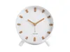 A white alarm clock with wooden accents and hands, set against a white background. Anteprima dell’immagine prodotto