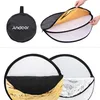 A collage of images showing a foldable photography reflector in its carrying case and unfolded in different configurations. Podgląd zdjęcia produktu