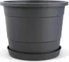 A dark gray plastic planter pot with a matching saucer, shown against a white background. Produktbild-Vorschau