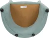 The underside of a light blue upholstered chair with a brown particle board panel and a label. Podgląd zdjęcia produktu