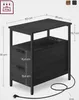A diagram showing the dimensions and features of a black side table with drawers. Náhled obrázku produktu