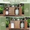 A wooden outdoor kitchen cart with various items stored inside and on shelves, shown with and without an internal shelf. Produktbild-Vorschau