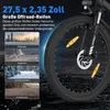 A close-up of an e-bike wheel with text and images describing its features and suitability for different terrains. Voir les images du produit