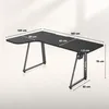 A black L-shaped desk with dimensions labeled in centimeters. Podgląd zdjęcia produktu