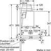 Technical drawing of a range hood with dimensions and labels in German. Voir les images du produit