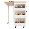 A white kitchen island with a wooden countertop, featuring shelves filled with jars and bottles, and wheels for mobility. Podgląd zdjęcia produktu