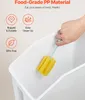 A hand is cleaning the inside of a white container with a yellow sponge brush. Text overlays describe the material and features of the container. Náhled obrázku produktu