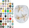 A collage of various toilet seat designs next to a toilet seat with a starfish and pebble design. Náhled obrázku produktu