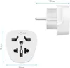 A white universal travel adapter is shown with dimensions indicated. Produktbild-Vorschau