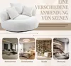 Collage showing a round sofa and four different room settings with the sofa integrated. Produktbild-Vorschau