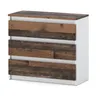 A white dresser with three drawers, each featuring a distressed wood-look front. The top of the dresser also has a distressed wood finish. Produktbild-Vorschau