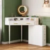 A white vanity table with a lighted mirror and a side cabinet, set against a green wall. Podgląd zdjęcia produktu