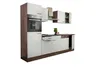 A modern kitchen unit with white cabinets and a dark wood frame, featuring an oven and a range hood. Produktbild-Vorschau