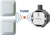 A set of wireless light switches and a receiver unit, with graphic elements indicating wireless communication. Produktbild-Vorschau