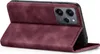 A burgundy flip case for a smartphone is shown in an open position, revealing the phone's camera module. Produktbild-Vorschau