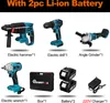 A collage of power tools and accessories, including a hammer drill, drill, angle grinder, impact wrench, case, batteries, and charger, with labels indicating quantities. Náhľad obrázku produktu