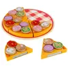 A wooden toy pizza with various toppings and two individual slices on a white background. Podgląd zdjęcia produktu