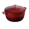 A red Dutch oven pot with a silver lid handle, shown from a diagonal angle against a white background. Produktbild-Vorschau