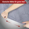 A hand is shown stretching the elasticated edge of a gray motorcycle cover. Náhľad obrázku produktu