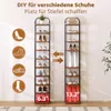 Two tall, narrow shoe racks displaying different types of footwear, with icons and text on the left side indicating shoe types and measurements. Produktbild-Vorschau