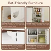 A collage of four images showcasing different features of a piece of furniture, likely a kitchen island or cabinet, with a pet-friendly design. Produktbild-Vorschau