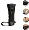 A black ultrasonic dog chaser with a flashlight function, shown against a white background. Several inset images show details and usage. Podgląd zdjęcia produktu