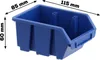 A blue plastic storage bin with dimensions indicated by arrows and text. Anteprima dell’immagine prodotto
