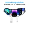A row of iPhones with charging cables in the foreground, against a white background. Produktbild-Vorschau