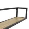 A close-up, angled view of a black metal framed shelf with a wood-grain shelf surface, against a white background. Produktbild-Vorschau