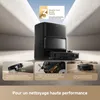 A robotic vacuum cleaner with its charging and emptying station, surrounded by feature callouts. Voir les images du produit