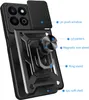 A black phone case with various features highlighted by labels. Produktbild-Vorschau