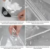 Collage of close-up images showing details of a transparent PVC tarp, including its corners, edges, and grommets. Náhled obrázku produktu