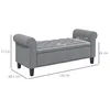 A gray upholstered bench with tufted seating and rolled arms, shown with dimensions indicated by white lines and text. Produktbild-Vorschau