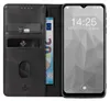 A black leather flip phone case with card slots and a euro banknote, next to a smartphone displaying the time and date. Produktbild-Vorschau