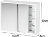 A white medicine cabinet with mirrored doors and glass shelves, shown with dimensions indicated by text. Produktbild-Vorschau