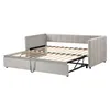 A light gray sofa bed with its mattress frame extended, showing the wooden slats and metal mechanism. Anteprima dell’immagine prodotto