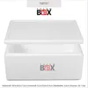 A white styrofoam cooler box with its lid open, showing the interior. Text and a logo are visible at the top and on the box. Produktbild-Vorschau