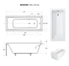 Technical drawings and a photograph of a bathtub with dimensions and specifications. Produktbild-Vorschau