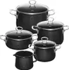 A set of black cookware with glass lids, arranged in a studio shot against a white background. Náhľad obrázku produktu