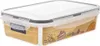 A clear, well-lit studio shot of a rectangular plastic lunchbox with a transparent lid and a decorative pattern on the side. Náhľad obrázku produktu