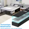 A modern bedroom with a bed frame and mattress, with a close-up diagram of the metal frame material. Produktbild-Vorschau