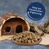 A wooden hamster house and a pile of food cubes are displayed on a textured surface, with a decorative branch in the background. Produktbild-Vorschau