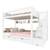 A white bunk bed with stairs and storage drawers, decorated with pillows and stuffed animals. Produktbild-Vorschau